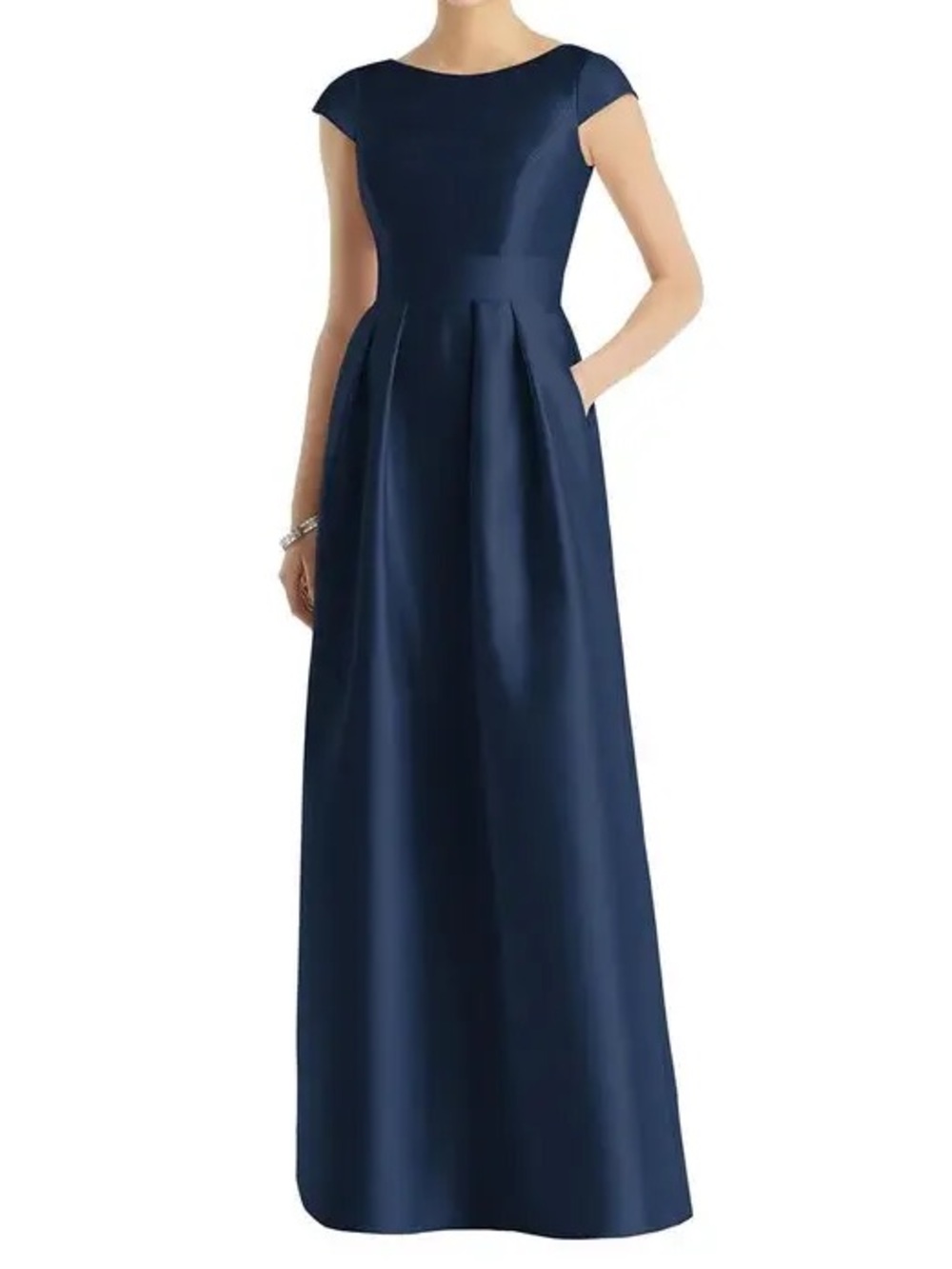 ALFRED SUNG Navy Cap-Sleeve Maxi Gown w pleated skirt and pockets 10R NWT - Picture 3 of 7